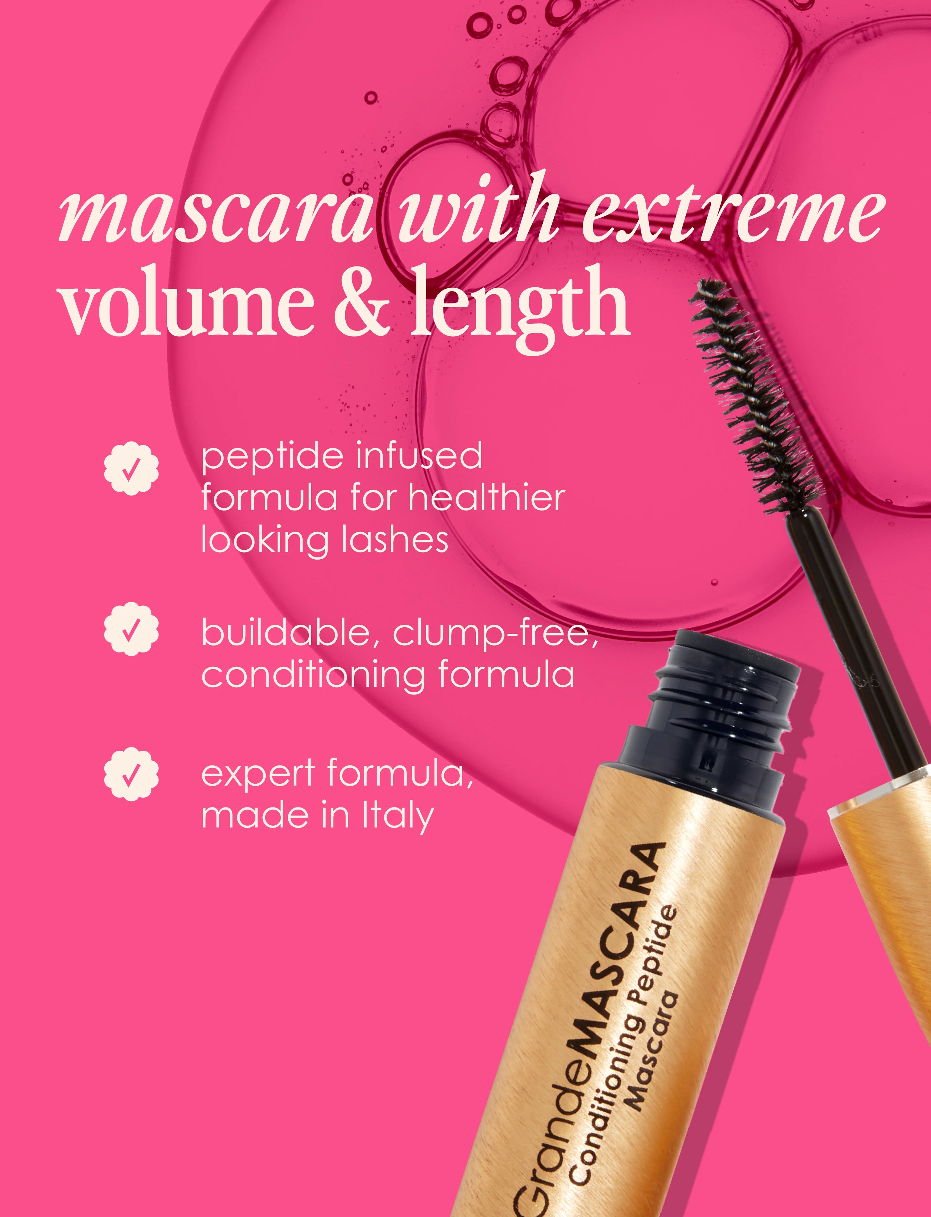 Golden mascara bottle with black cap and wand brush, conditioning peptide mascara
