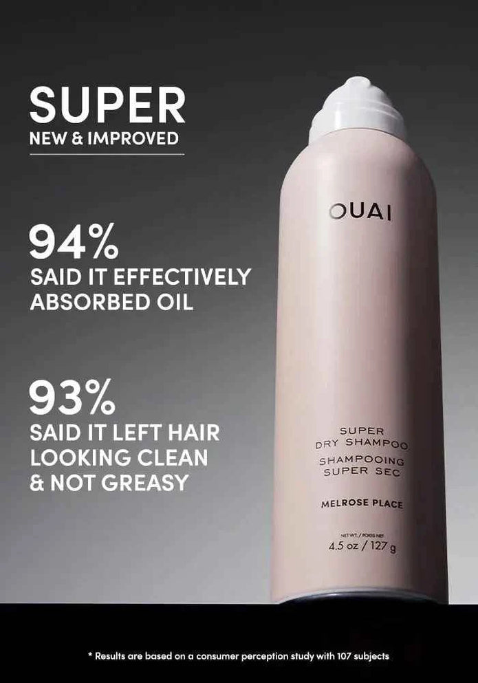 Ouai Super Dry Shampoo bottle, pale pink with side label text and white cap