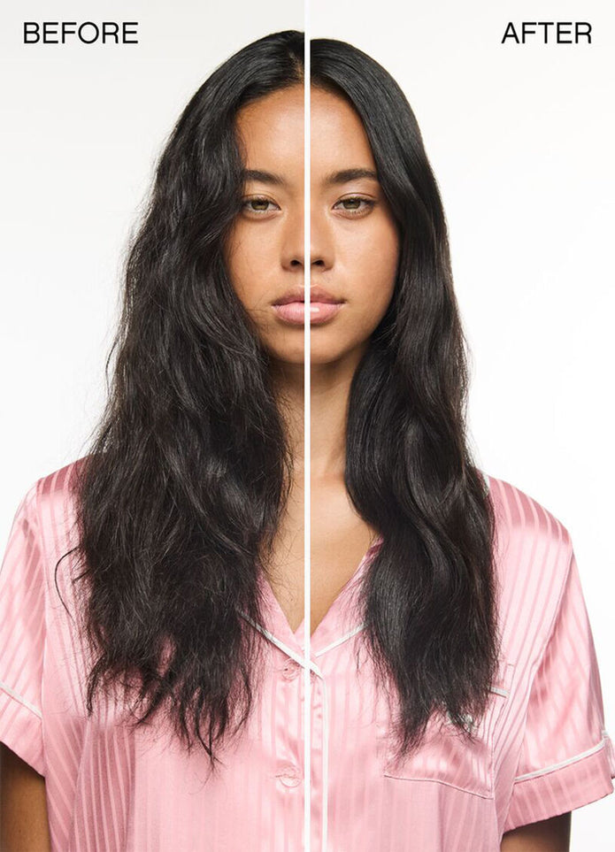 Before/after split showing long dark hair shine and volume