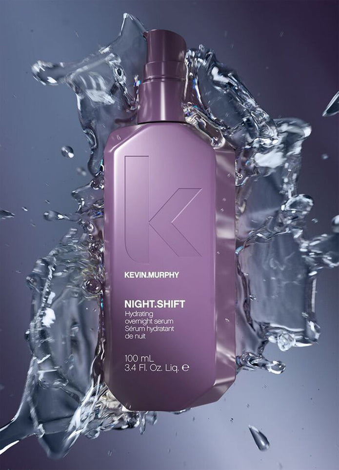 Night.Shift overnight serum bottle with water splash, purple
