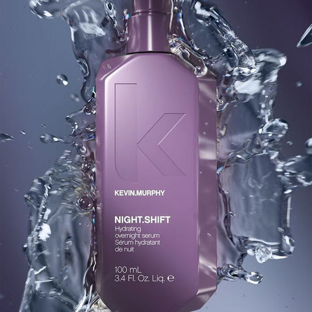 Night.Shift overnight serum bottle with water splash, purple