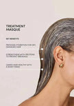 Hair treatment masque benefits graphic with woman's dark hair and ear