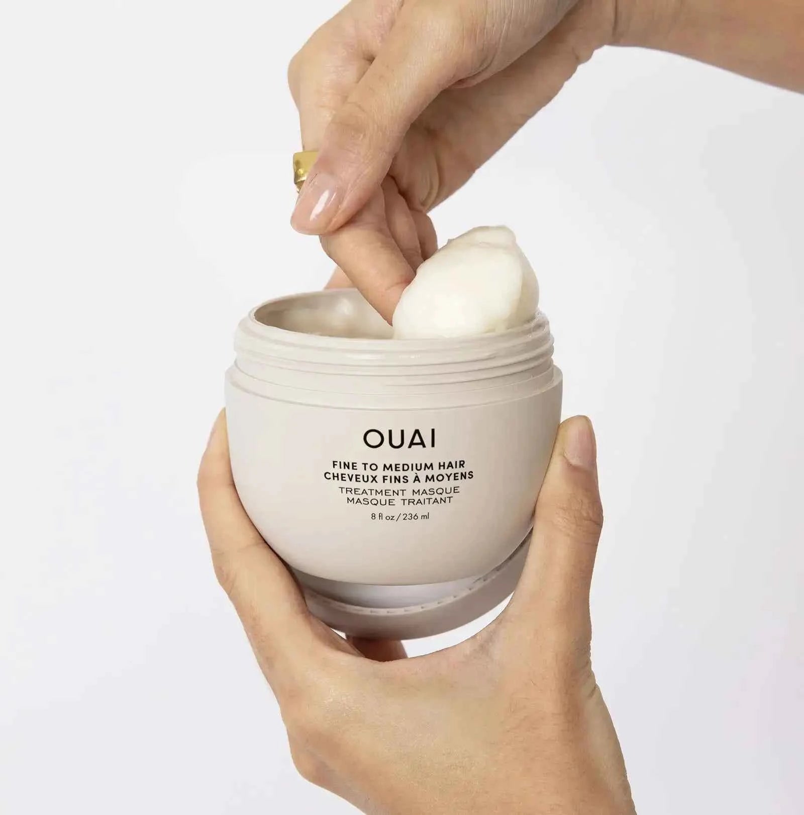 OUAI fine/medium hair treatment masque jar in white container with printed label