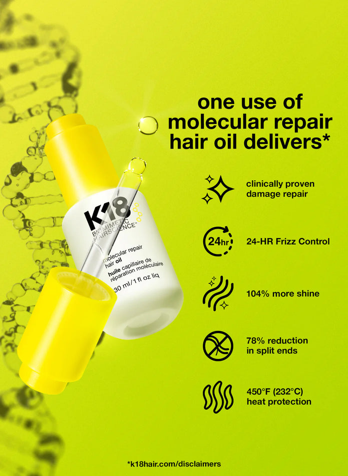 K18 molecular repair hair oil bottle with yellow dropper, delivering shine