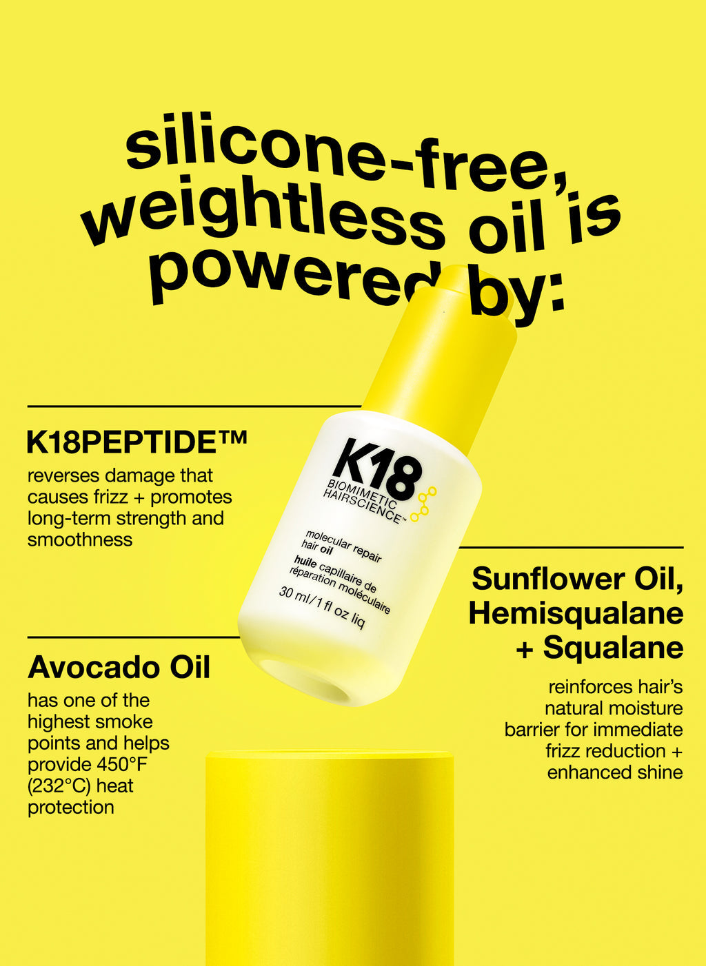 K18 silicone-free molecular repair hair oil bottle with yellow cap
