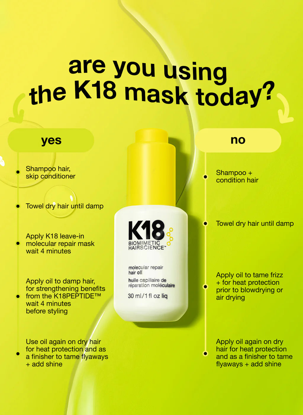 K18 molecular repair hair oil bottle with yellow cap and smoothing dropper stroke