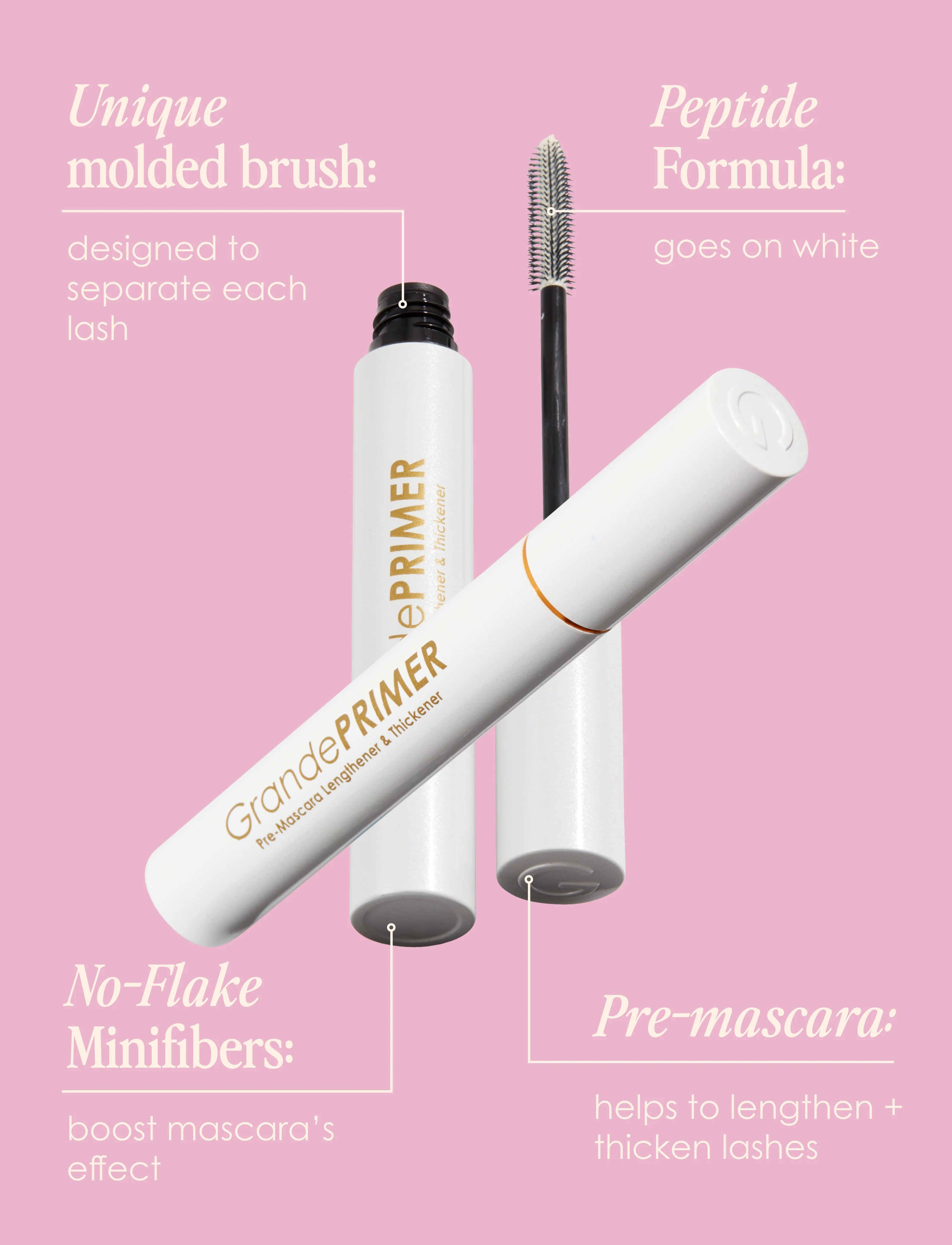 GrandePRIMER pre-mascara primer with white squeeze tube and black bristle brush