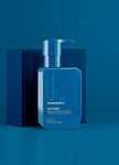 RE.STORE blue pump dispenser bottle with front label, 200 mL