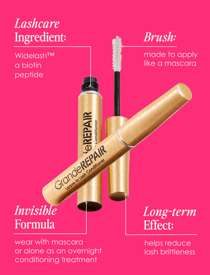 Gold lash conditioner tube with mascara-style bristle brush, angled