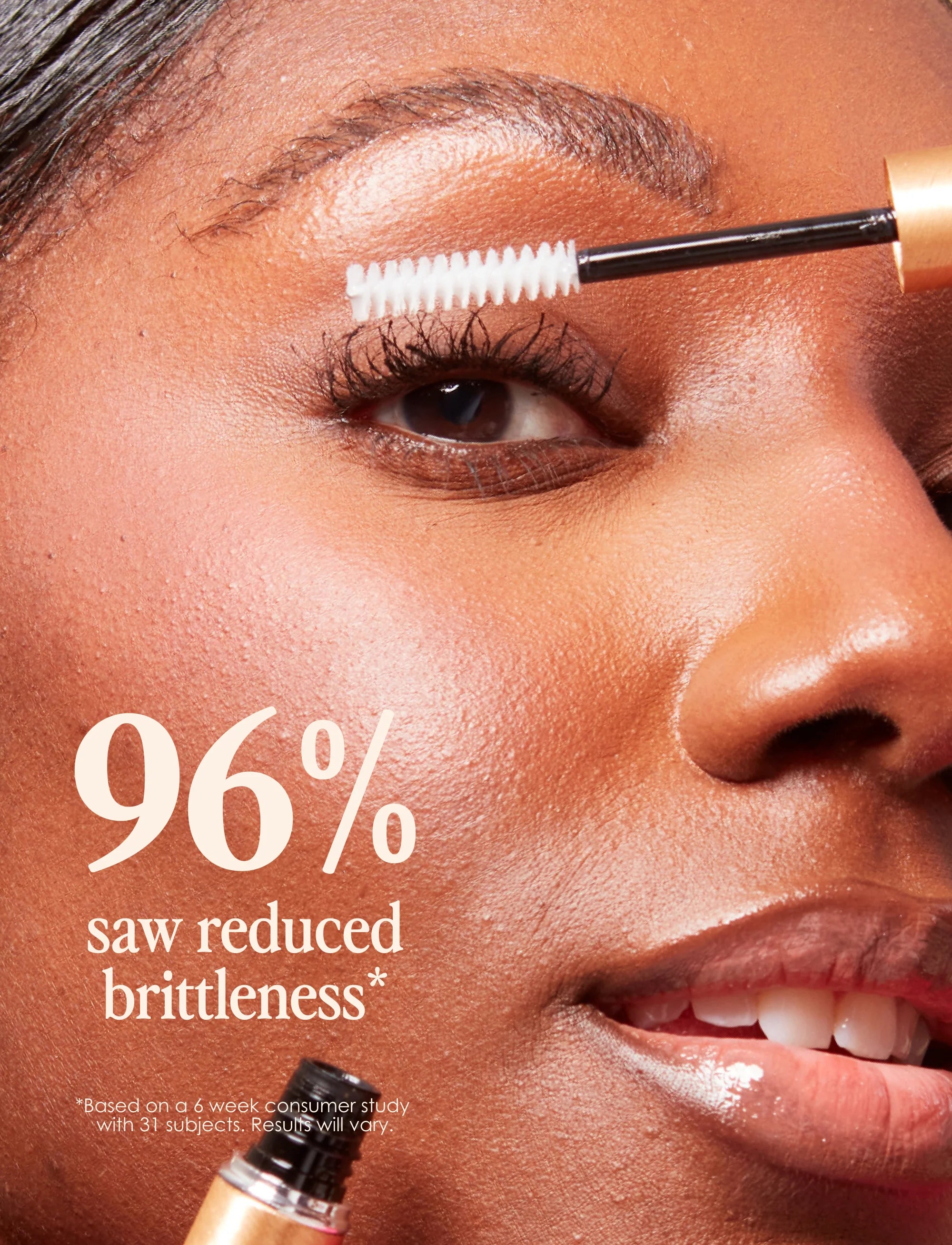 Mascara-style lash conditioner brush with white gel on upper lashes