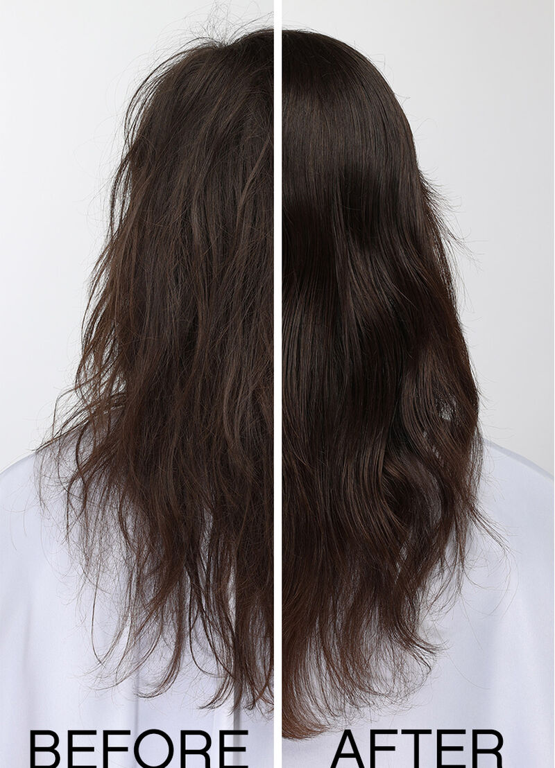 Before and after: smoothed, styled dark hair on left vs right