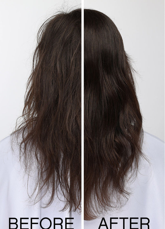 Before and after: smoothed, styled dark hair on left vs right