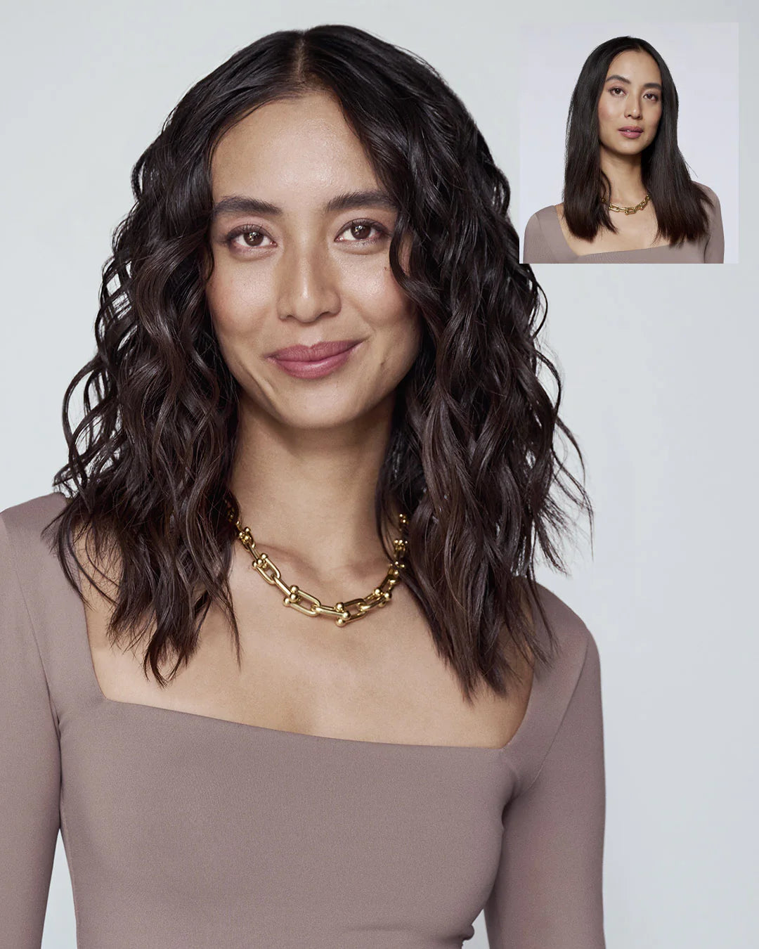 T3 SinglePass Curl X styling creates shoulder-length wavy curls on brunette hair
