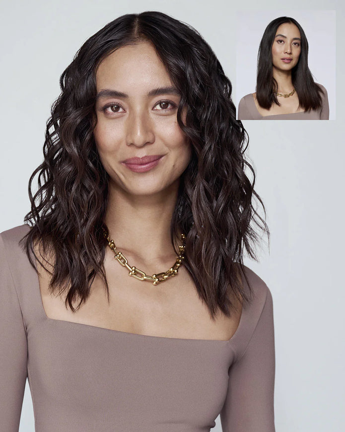 T3 SinglePass Curl X styling creates shoulder-length wavy curls on brunette hair