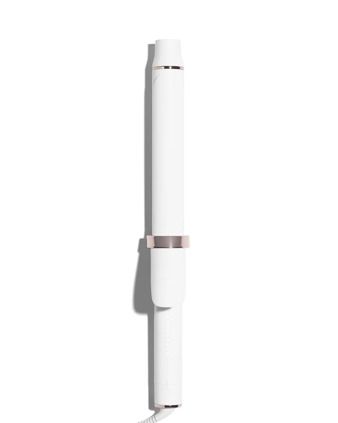 T3 SinglePass Curl X curling iron, white body with rose-gold accents and clamp
