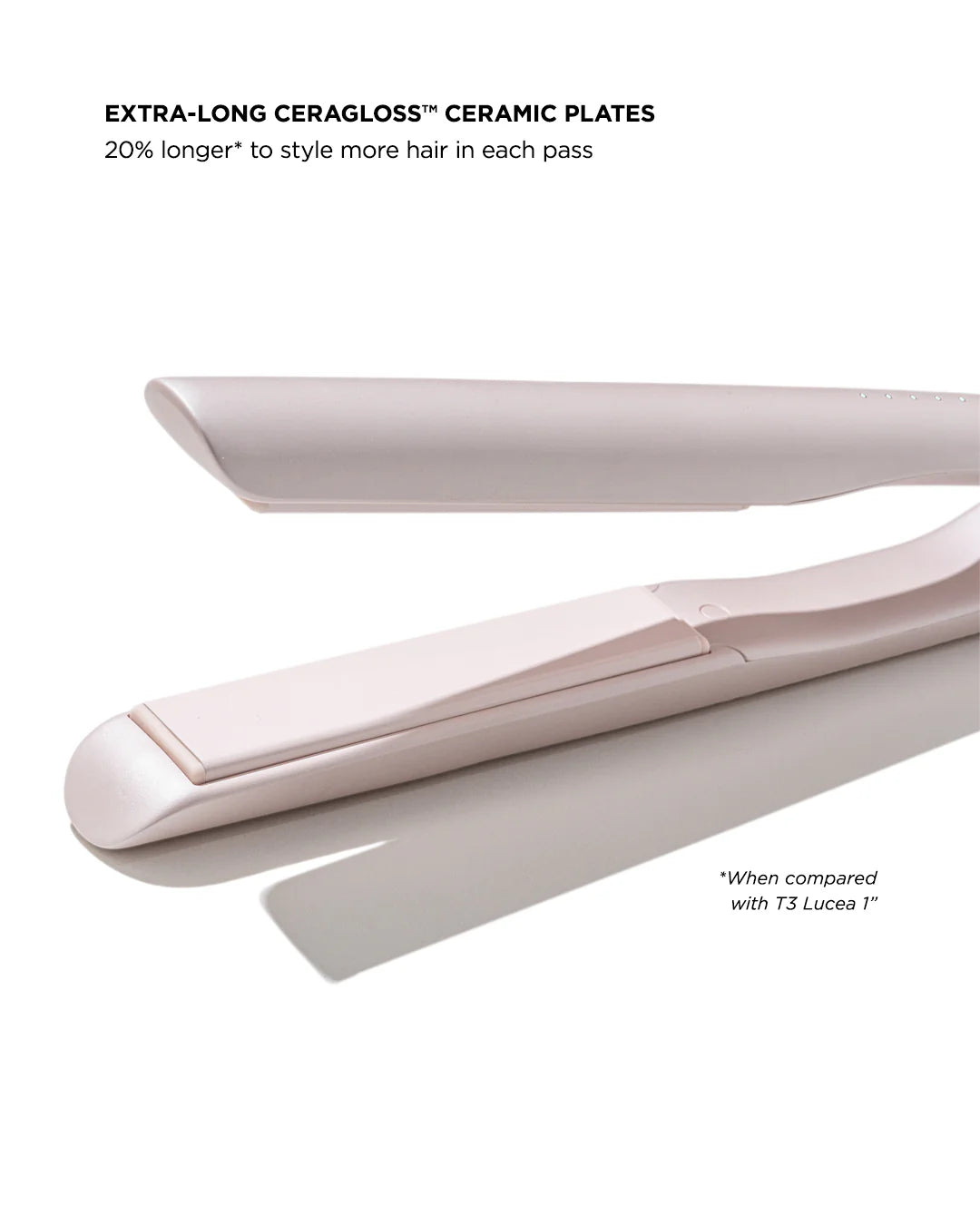 Extra-long ceramic plates on a light pink T3 SinglePass straightener, open view