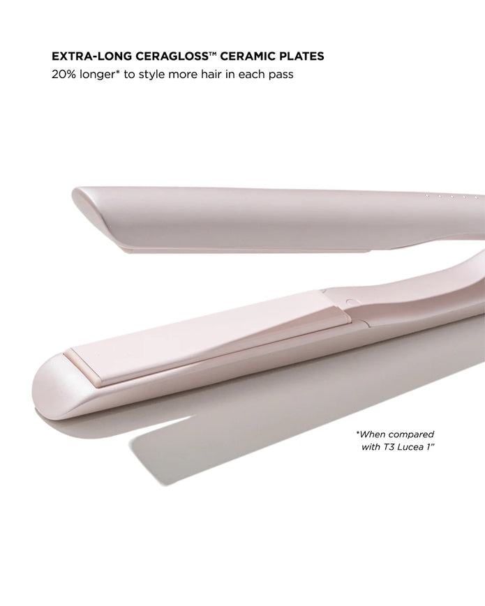 Extra-long ceramic plates on a light pink T3 SinglePass straightener, open view