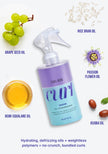 Curl Wow Shook spray bottle with oil blend icons and text labels around