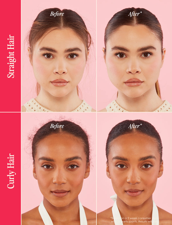 Before-and-after hair styling with pink Slick Back taming stick