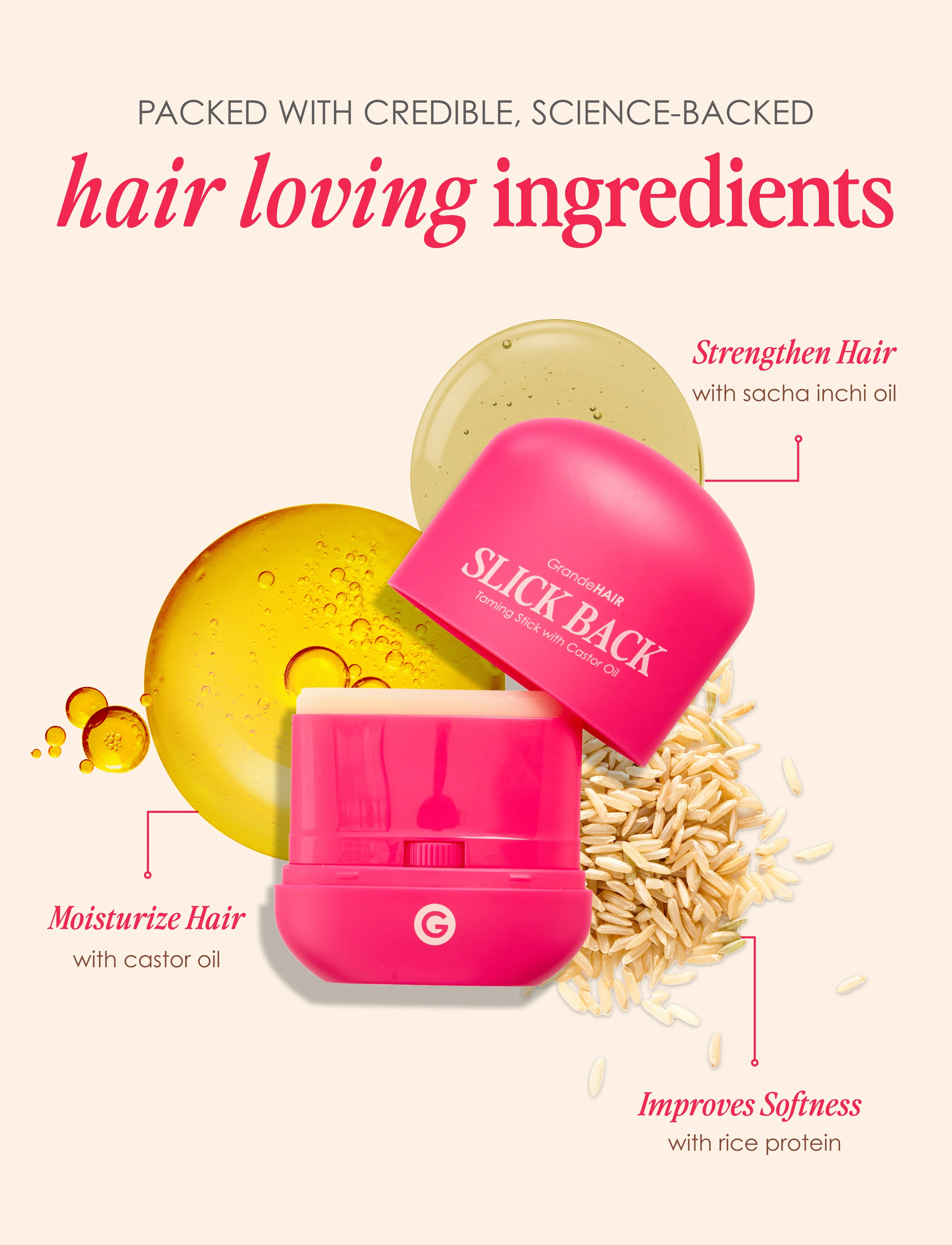 Pink GrandeHAIR Slick Back castor oil hair taming stick with closed container