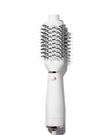 White heated brush styler with dense black bristles on a white handle base