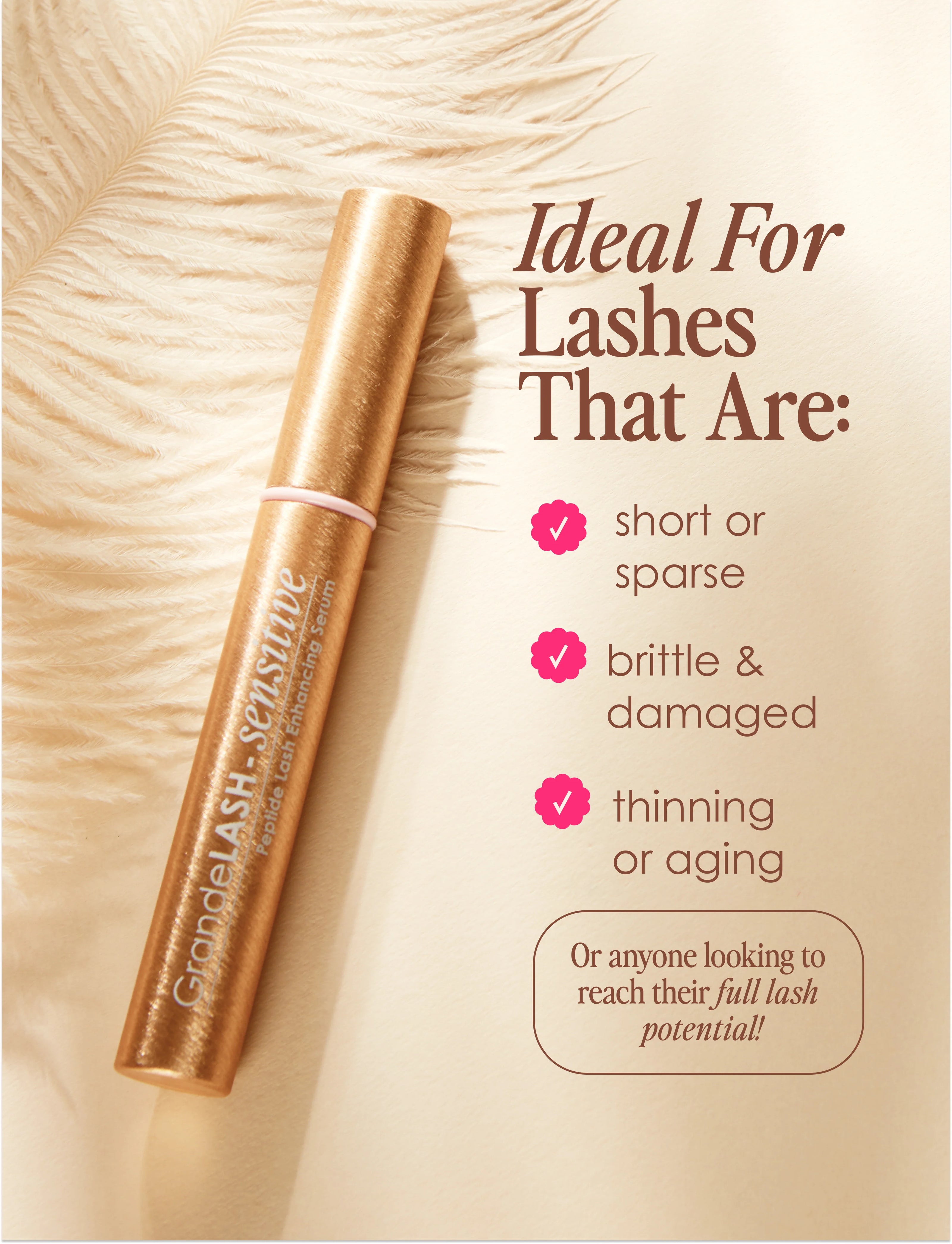 Gold lash serum tube for short, sparse, brittle or thinning lashes