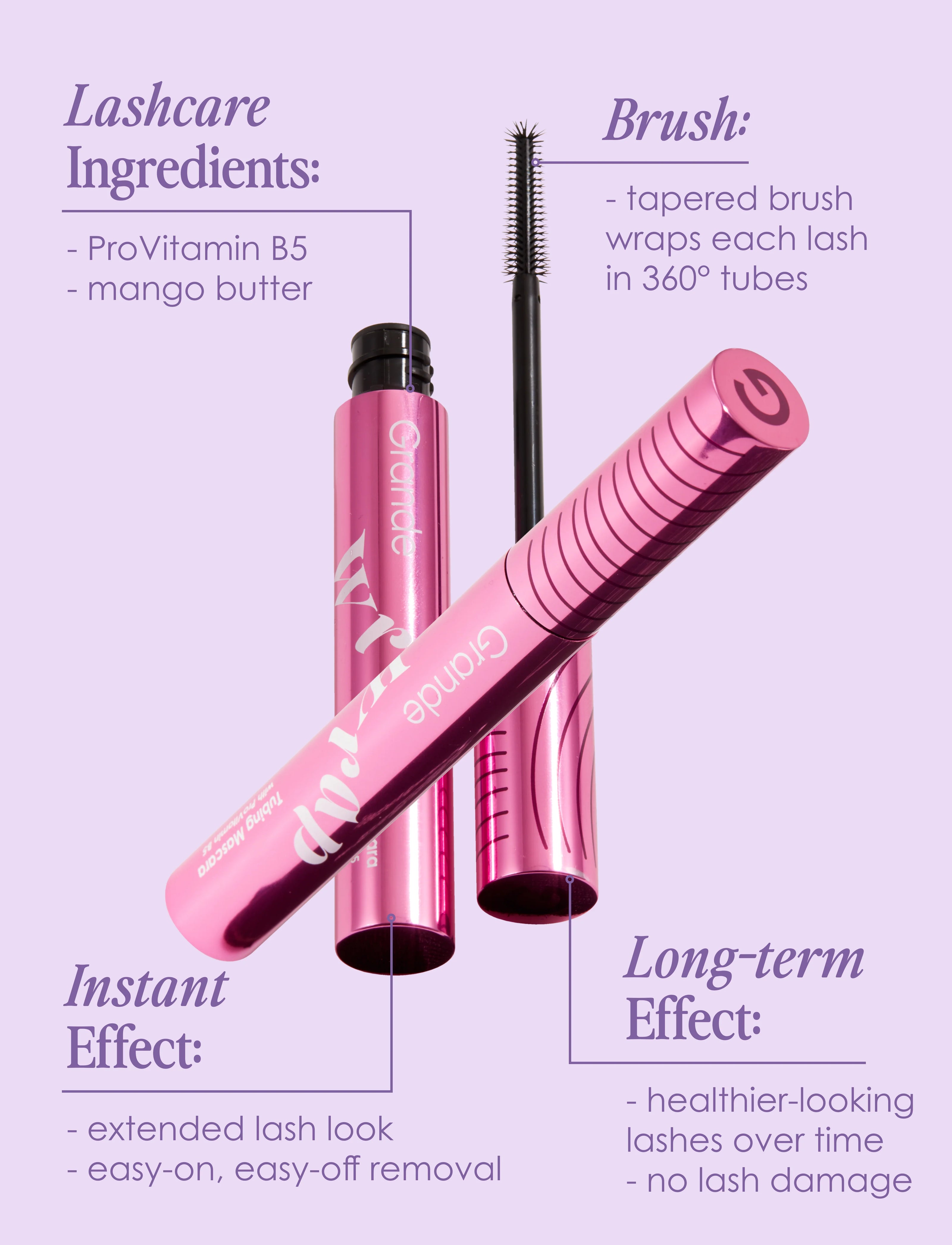 Pink mascara tube and black tapered brush; Lashcare ingredients and 360° wrapping