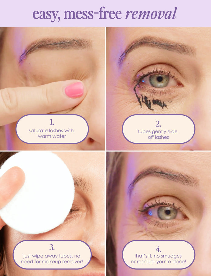 Steps for easy, mess-free mascara removal; wipe off tubes with water