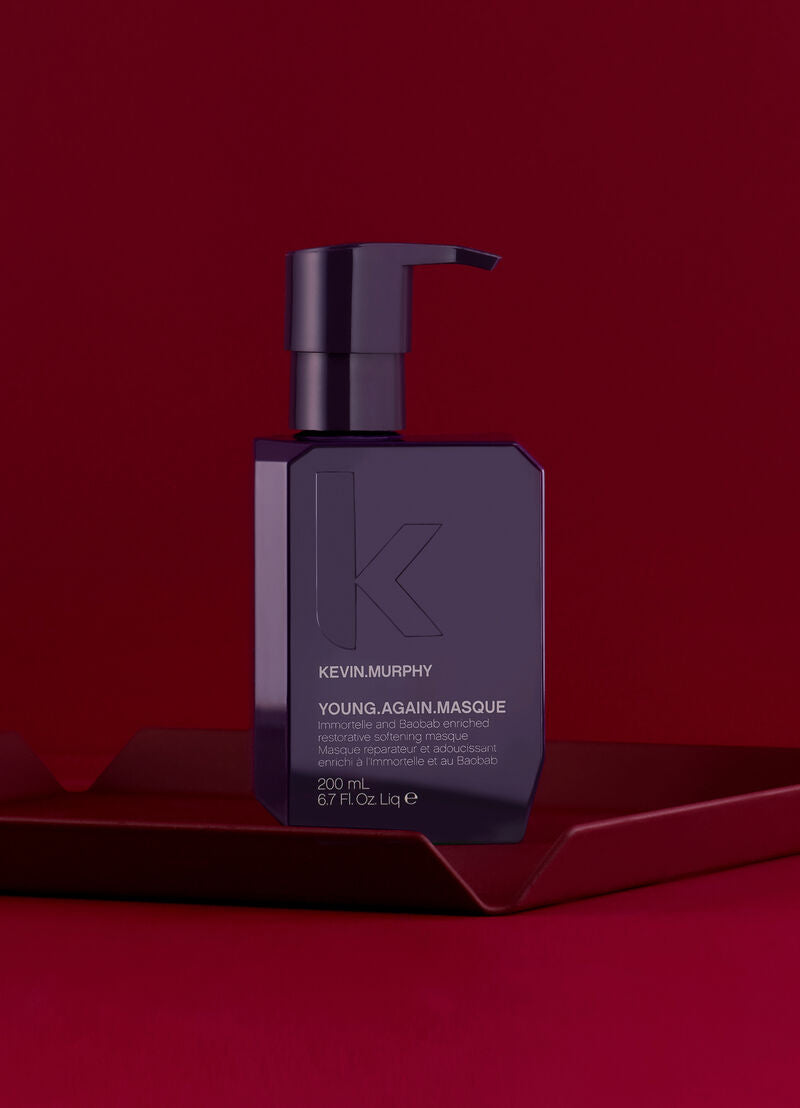 Young Again Masque pump bottle, dark purple design with K logo and label, 200 mL