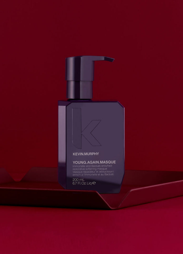 Young Again Masque pump bottle, dark purple design with K logo and label, 200 mL