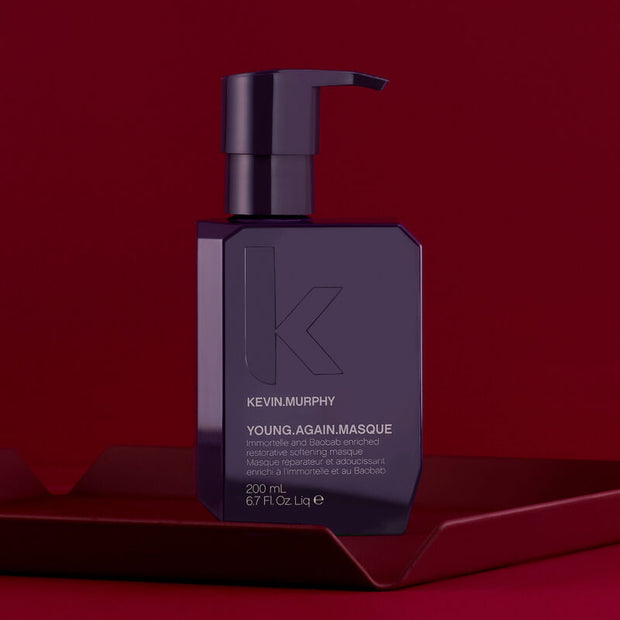 Young Again Masque pump bottle, dark purple design with K logo and label, 200 mL