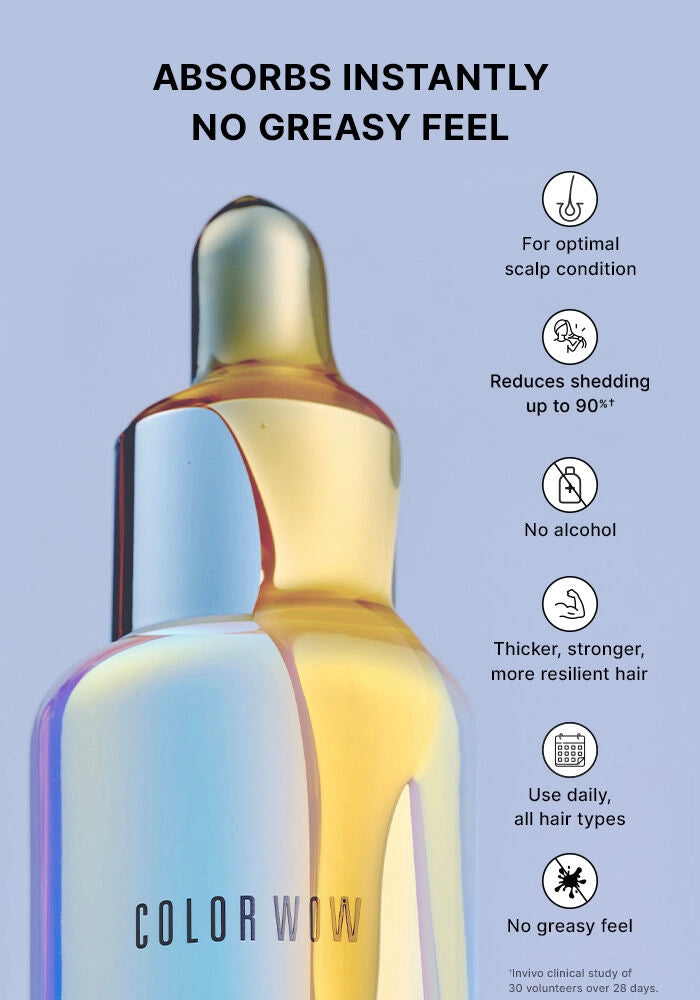 Youth Juice scalp treatment bottle, iridescent blue and gold back view