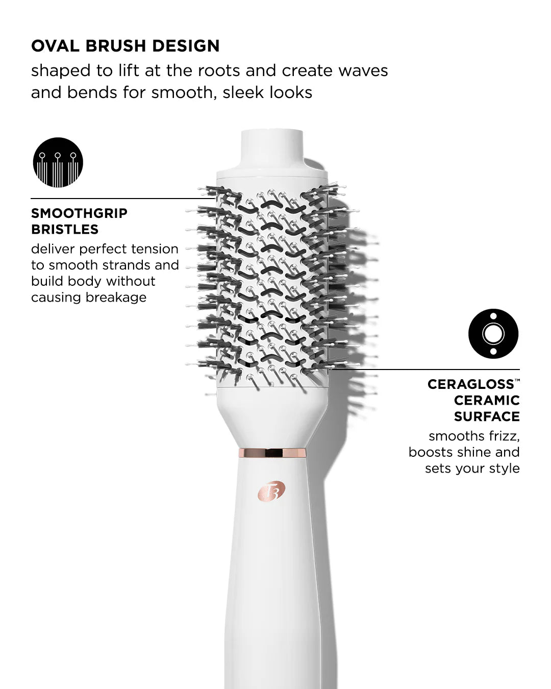 White heated brush styler with oval brush head and black bristles for smoothing