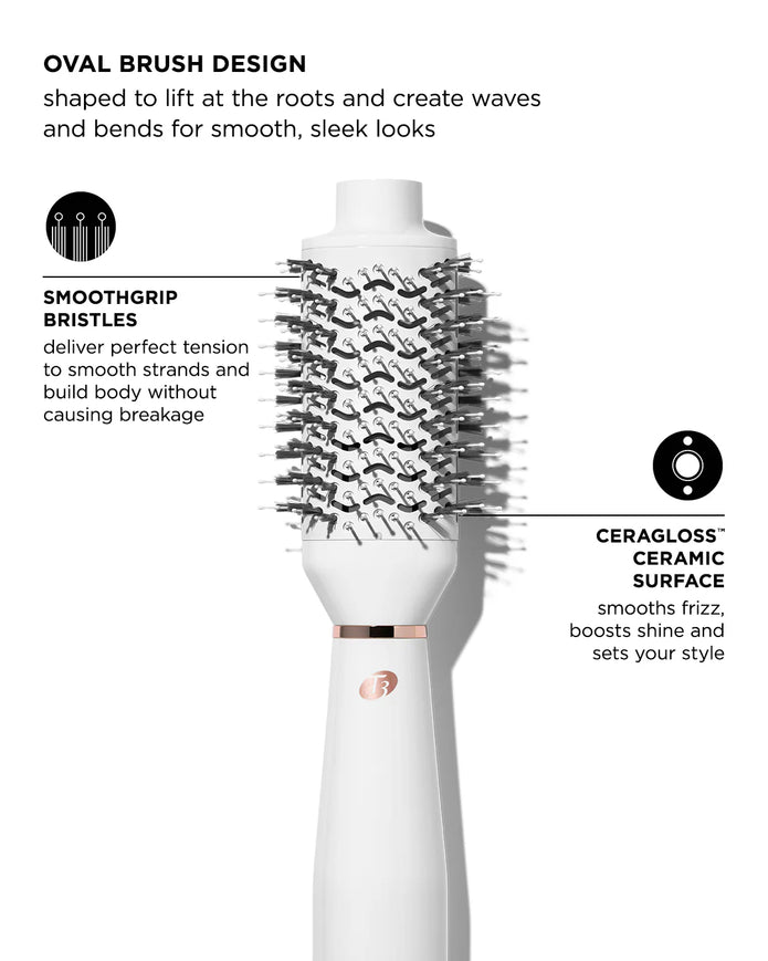 White heated brush styler with oval brush head and black bristles for smoothing