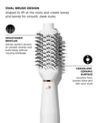 White heated brush styler with oval brush head and black bristles for smoothing