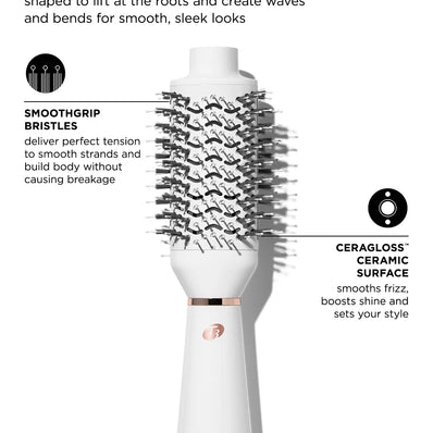 White heated brush styler with oval brush head and black bristles for smoothing