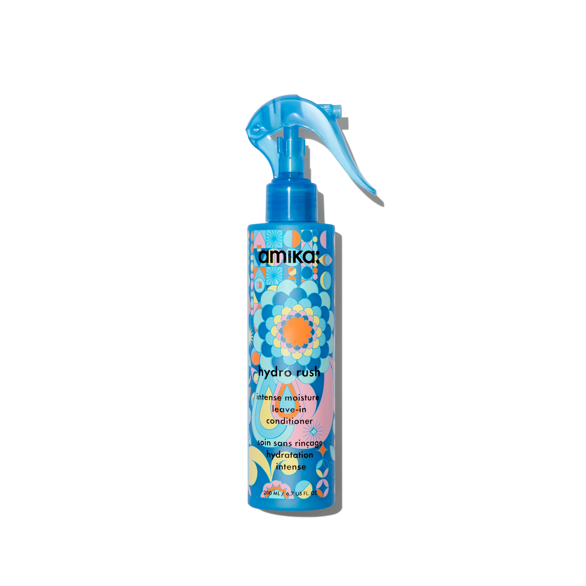 Amika Hydro Rush leave-in conditioner spray bottle with blue nozzle