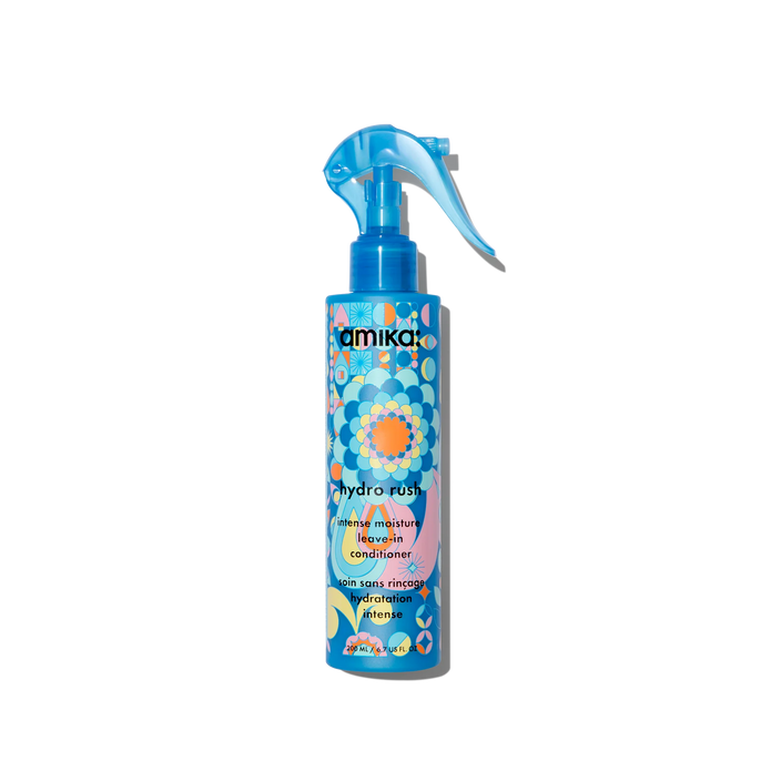 Amika Hydro Rush leave-in conditioner spray bottle with blue nozzle
