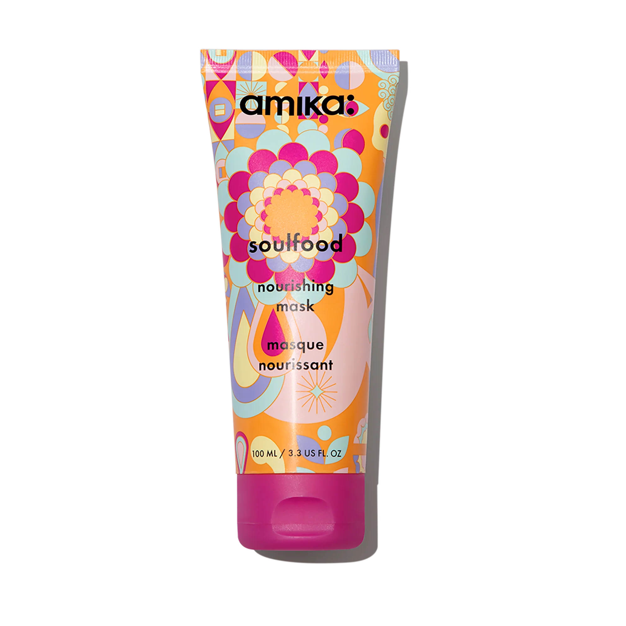 Amika Soulfood nourishing mask, orange tube with colorful graphic label