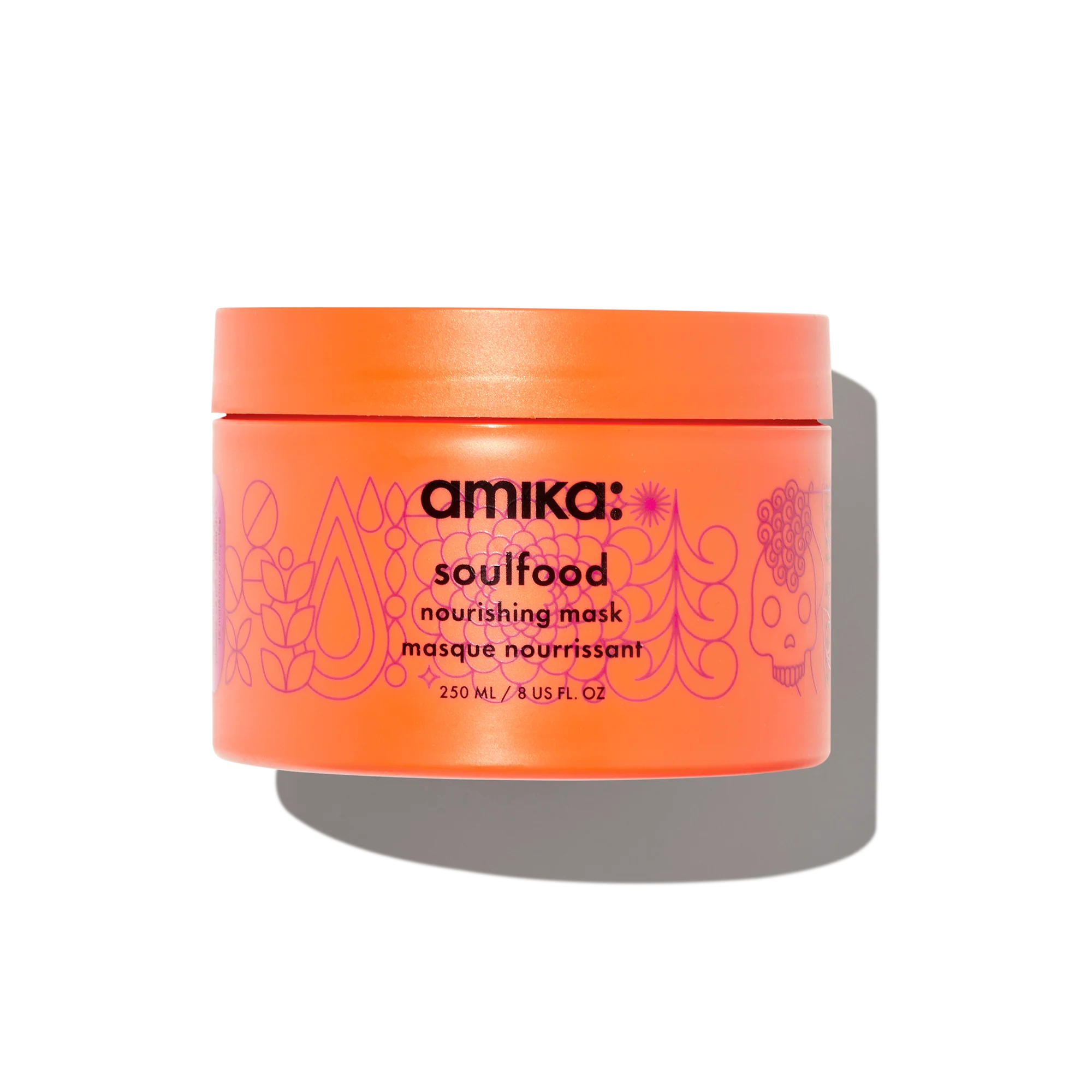 Amika Soulfood nourishing mask, orange jar with pink label and logo