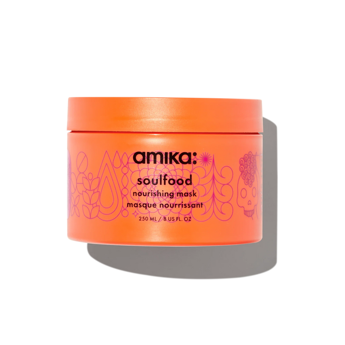 Amika Soulfood nourishing mask, orange jar with pink label and logo