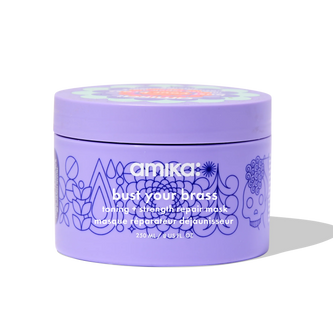 Amika Bust Your Brass repair mask jar with purple lid, floral pattern label