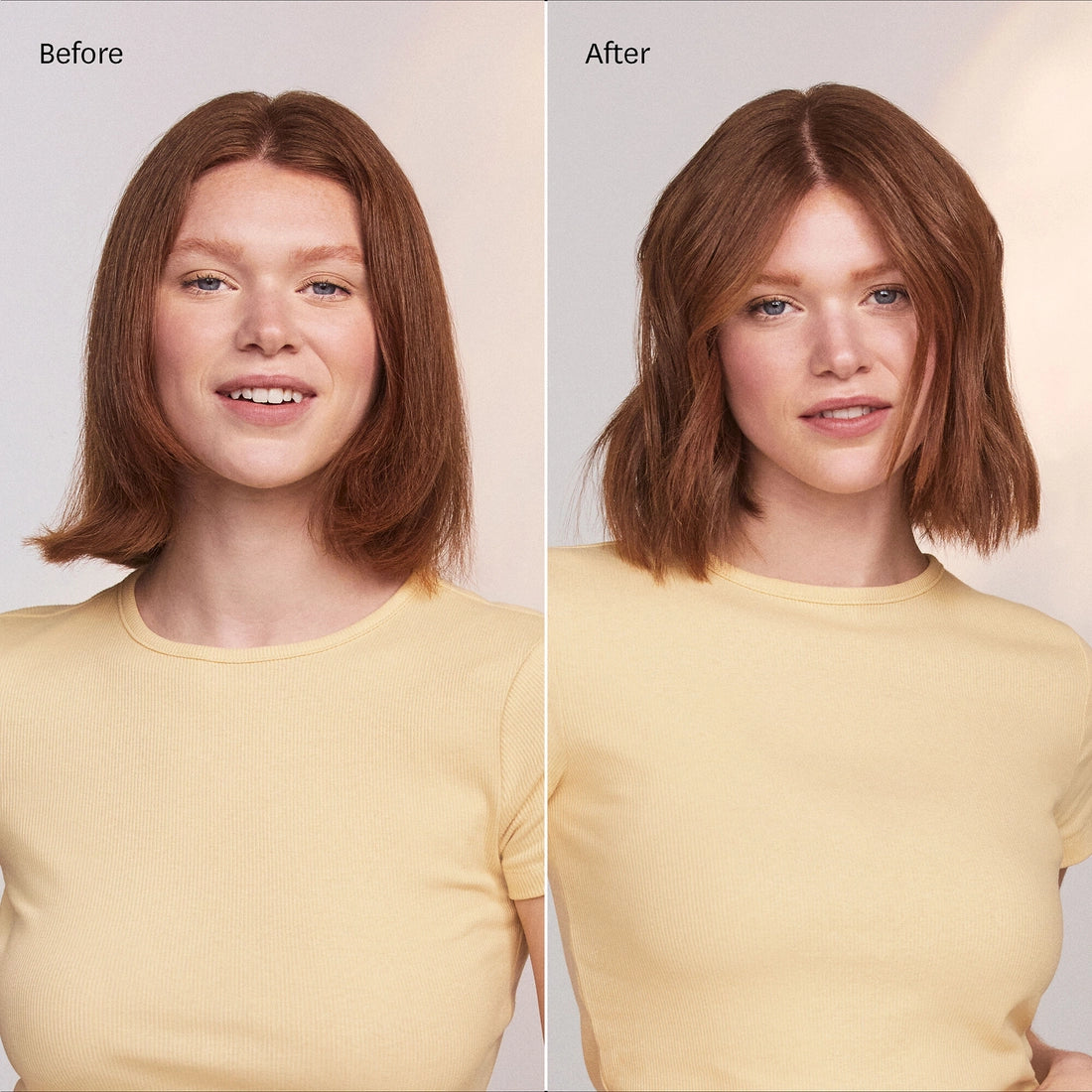 Before-and-after hair styling with a light pink straightener, shoulder-length brown hair