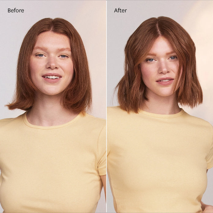 Before-and-after hair styling with a light pink straightener, shoulder-length brown hair