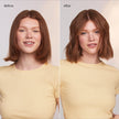 Before-and-after hair styling with a light pink straightener, shoulder-length brown hair