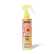 Yellow anti-frizz hair treatment bottle with pump sprayer, colorful label