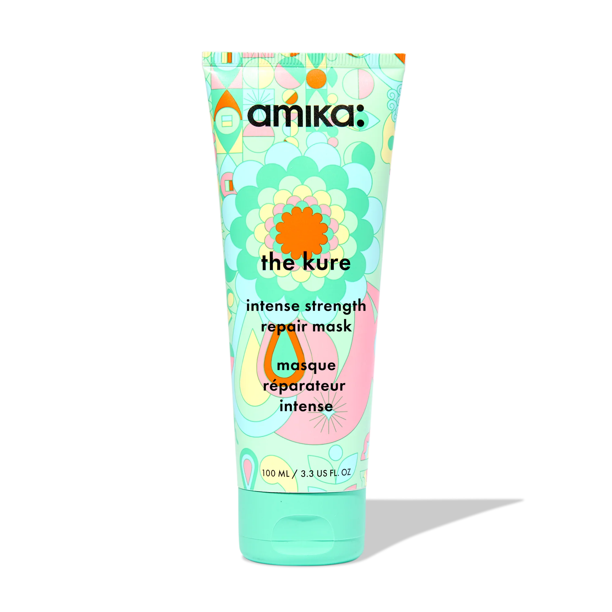 Amika the Kure intense strength repair mask tube, mint green floral design