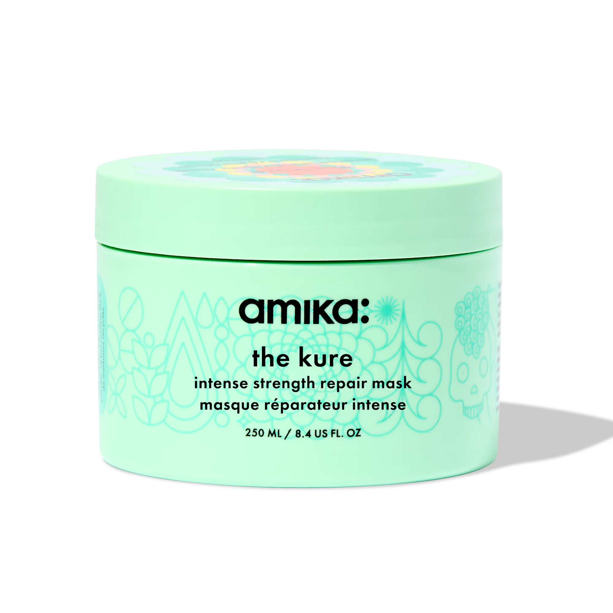 Amika the Kure intense repair mask jar, mint green with printed label