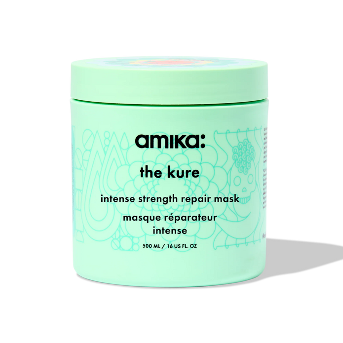 Amika the Kure intense repair mask jar, mint green with decorative pattern