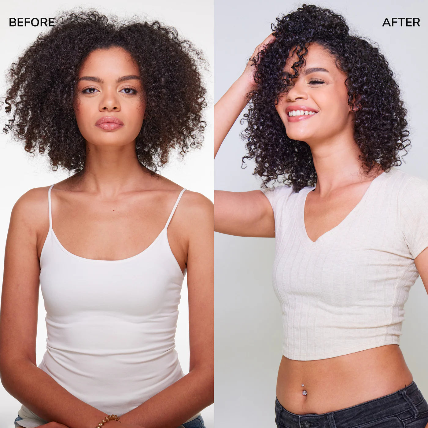 Curly hair before-and-after with smoother, bouncier curls after treatment